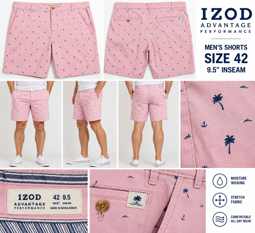 Pink IZOD Advantage Performance Golf Shorts w/Palm Trees Size 42 w/ 9.2" Inseam